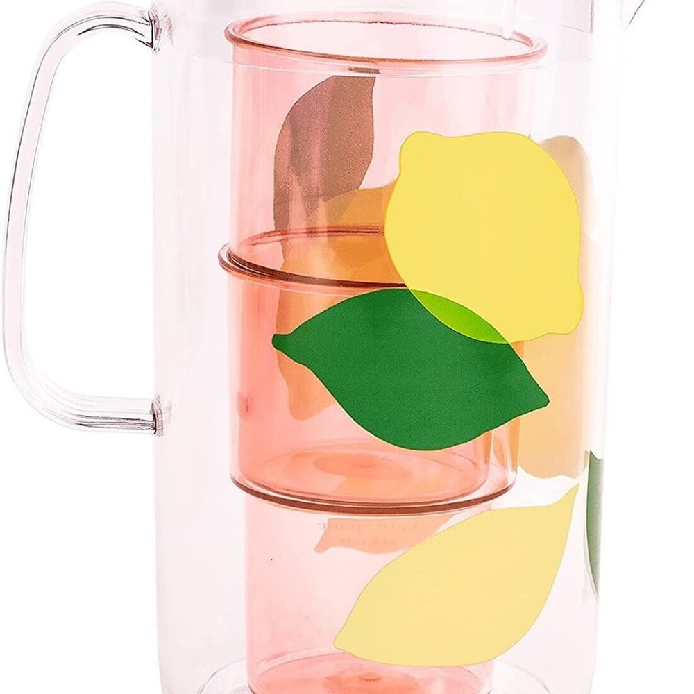 New Kate Spade Acrylic Lemon Pitcher Lid & 2 Tumbler Set New in Box Retail $39